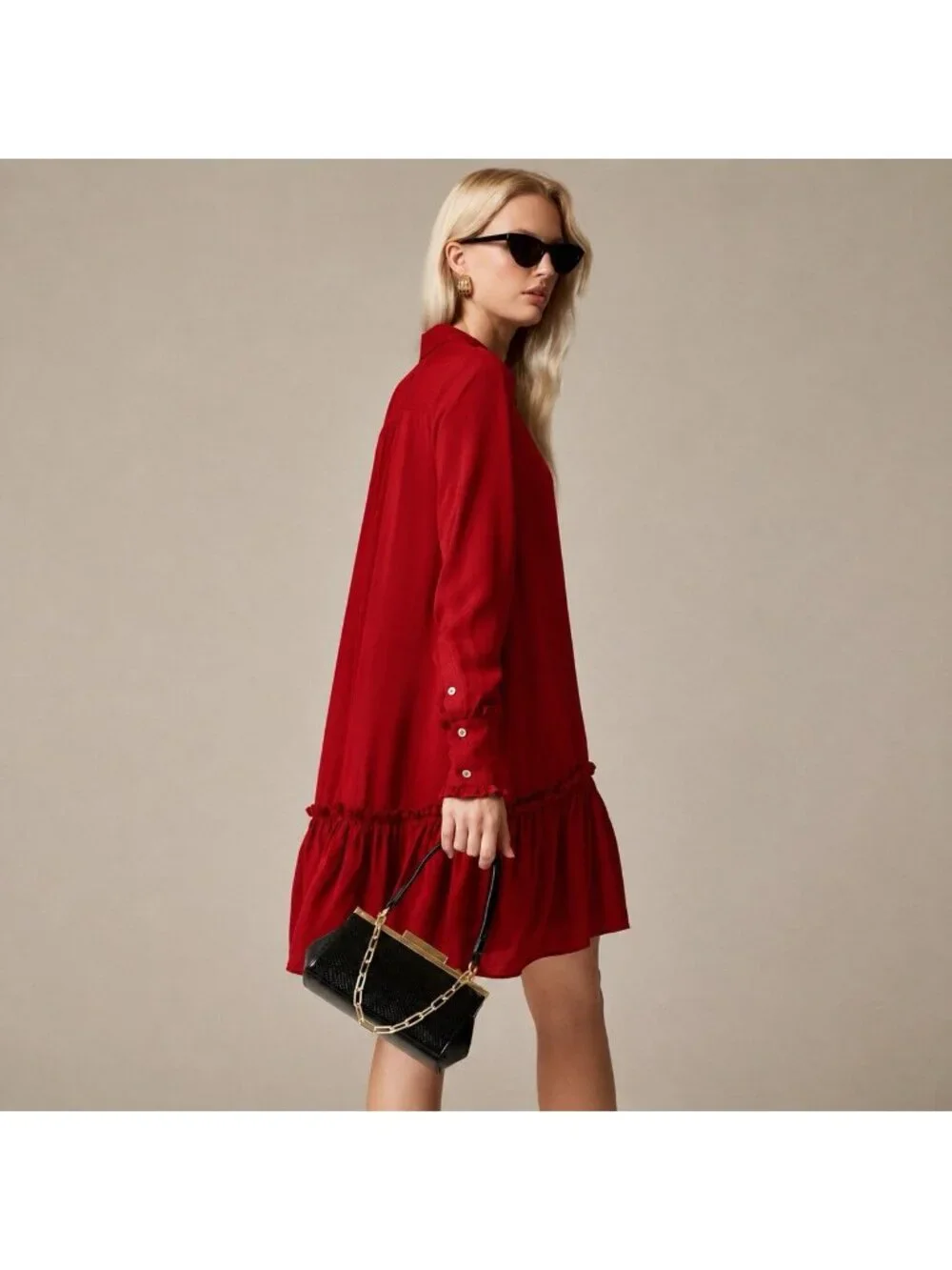 J Crew Womens Amelia Popover Shirtdress Sz Large Red Drapey Viscose Twill Dress
